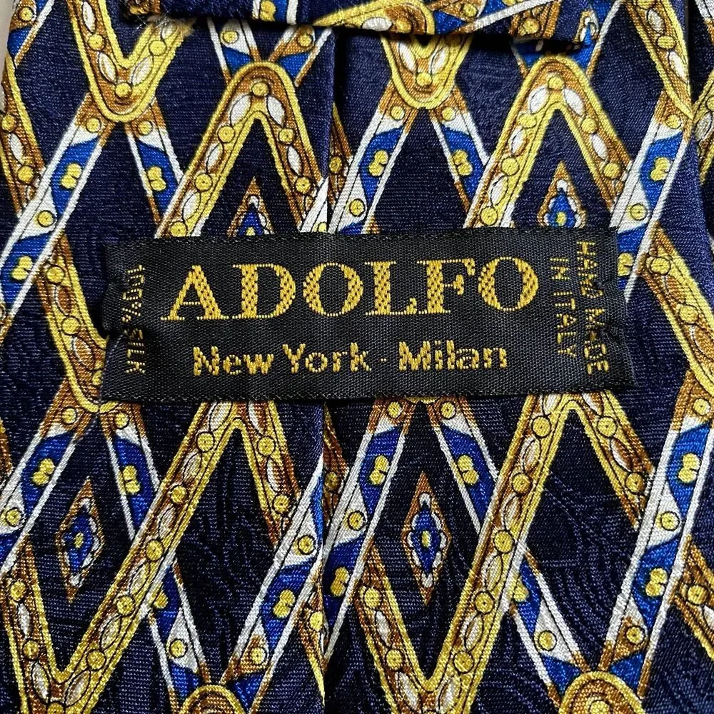 Adolfo 100% Silk‎ Tie Blue Gold Zig Zag Print Men's Necktie